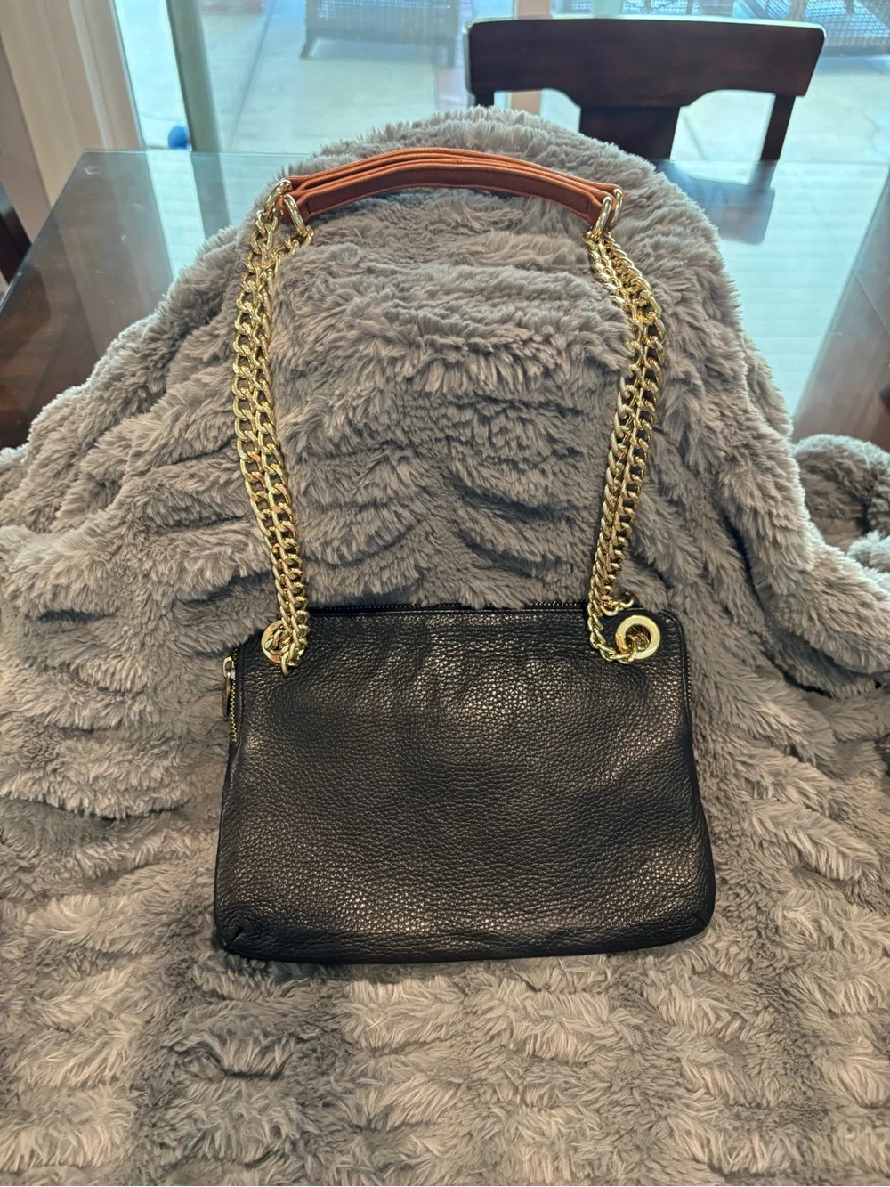 Valentina Black Leather Crossbody Bag with Gold Chain